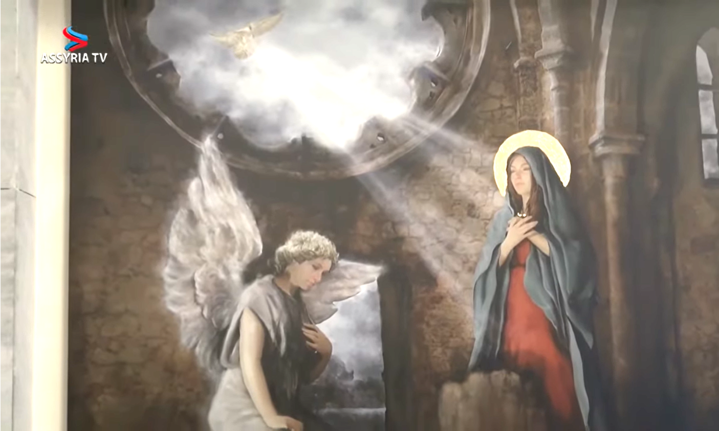 教堂內天使加百列向馬利亞報佳音的畫作。 （YouTube@Assyria TV影片截圖）